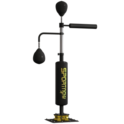 SPORTNOW Boxstand, zwei Speedballs, drehbare Boxstange, Kickpolster, höhenverstellbar, Stahl, 107 x 36 x 140-205 cm, Schwarz