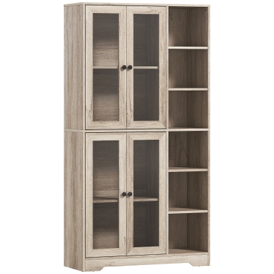 HOMCOM Armário de Cozinha Móvel Auxiliar de Cozinha com Prateleiras Abertas e 4 Portas de Vidro 90x35x172 cm Cinza Claro