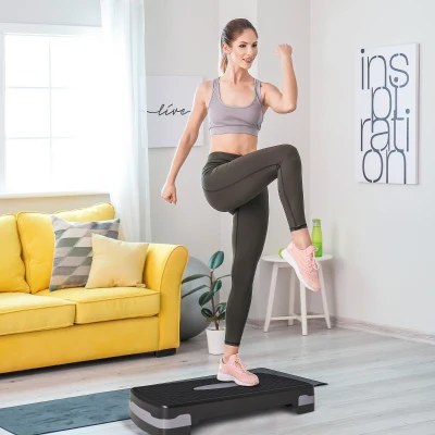 HOMCOM Steppbrett Aerobic Stepper 2-Stufig Höhenverstellbar 10-15cm, Rutschfest Fitness Stepper, Mini Steppbrett für Zuhause Heim Büro, Schwarz+Grau