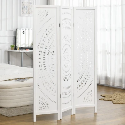 HOMCOM Biombo Dobrável de 3 Painéis de Madeira 120x170 cm Biombo Separador de Ambientes com Padrões Gravados Elegantes Branco