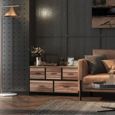 HOMCOM Cómoda com 5 Gavetas de Tecido Cómoda de Estilo Industrial com Estrutura Metálica para Quarto 98x29x63 cm Carvalho