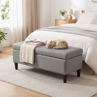 HOMCOM Banco Baú 136L Puff Baú Apoio de Pés Grande 110x41x42cm, Pele Sintética Adequada para Animais Cinza