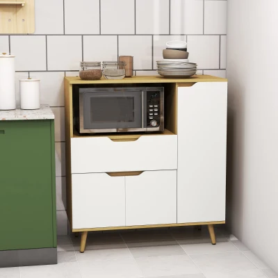 HOMCOM Aparador Auxiliar para Micro-Ondas Armário de Cozinha Moderno com Gaveta 3 Portas e Compartimento 90x40x98,5 cm Branco