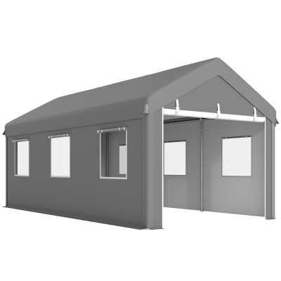 Outsunny Tenda Garagem 295x600x278 cm Tenda de Exterior Resistente com 2 Portas Enroláveis e 6 Janelas Cinzento