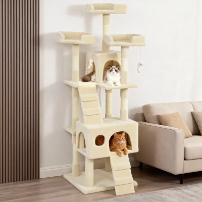 PawHut Arranhador para Gatos Arranhador de Gatos 153 cm com 2 Cavernas 3 Camas 2 Rampas Postes de Sisal e 2 Ratos Pendentes Bege