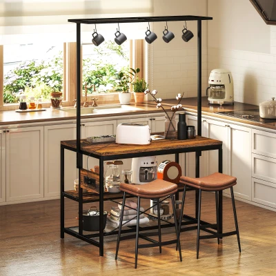 HOMCOM Estante de Cozinha com Tomada de Corrente Estilo Industrial com Prateleiras Ganchos Móvel Auxiliar 116x70x182 cm Marrom Rústico