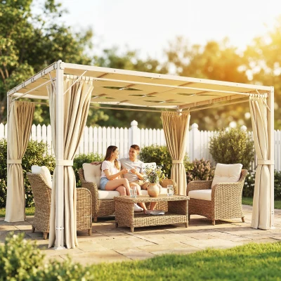 Outsunny Pérgola de Jardim 385x295x225 cm com Teto Ondulado 4 Cortinas Removíveis Proteção UPF50+ e Estrutura de Aço Bege