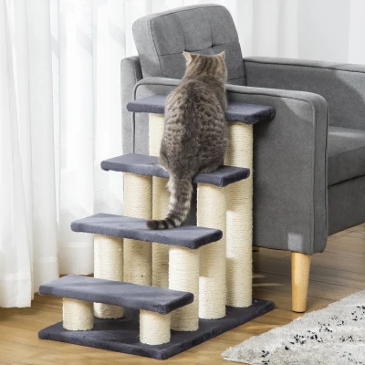 PawHut Katzentreppe 4-stufige Haustiertreppe 59 cm hoch Hundetreppe für Katzen aller Größen Hunderampe Einstiegshilfe für Bett, Sofa, Couch Grau