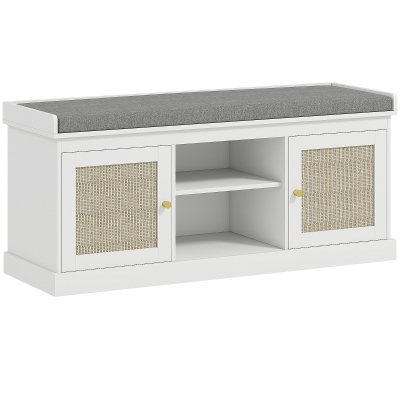 HOMCOM Banco Sapateira com Assento Acolchoado Portas em Vime e Prateleira Aberta para 9 Pares de Sapatos 105x35x47 cm Branco