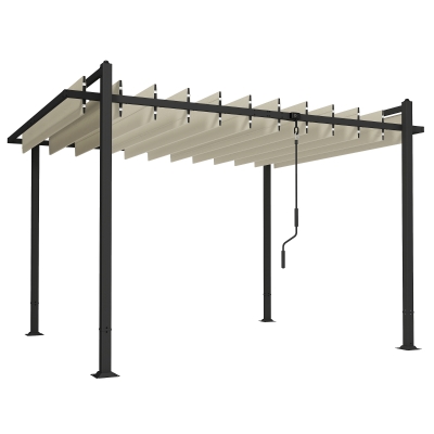 Outsunny Pérgola de Jardim 3x3,8 m com Toldo Corrediço Ajustável a 90° Manivela, Estrutura de Alumínio e Aço UPF50+ Bege