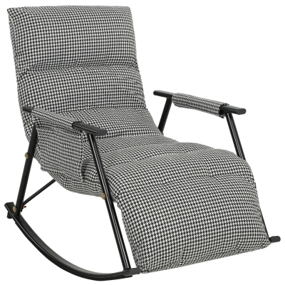 HOMCOM Poltrona Baloiço com Encosto e Apoia-Pés Ajustáveis 105° Estofada em Linho com Bolso Lateral e Estrutura de Metal Preto e Branco