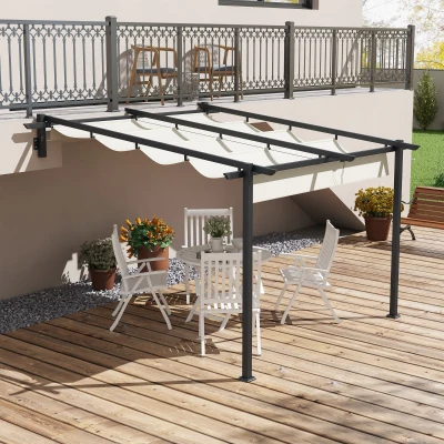 Outsunny Pérgola de Parede 3x3 m Pérgola de Jardim com Teto Retrátil de Poliéster e Estrutura de Aço Creme e Cinza Escuro