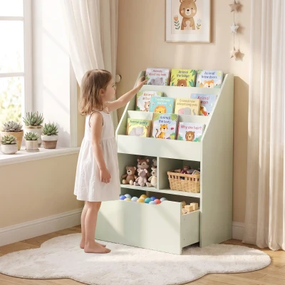 HOMCOM Estante de Madeira para Brinquedos com 3 Compartimentos 2 Prateleiras e Gaveta Móvel com 4 Rodas 60x29,9x90 cm Verde