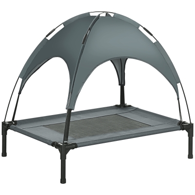 PawHut Erhöhtes Hundebett mit Baldachin, Haustierbett, Hundeliege outdoor mit Dach, Atmungsaktiv, Taftstoff für Camping Grau 76 x 61 x 73 cm