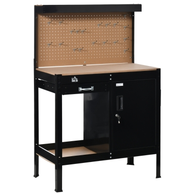HOMCOM Bancada de Trabalho 98,5x48x140 cm Mesa de Trabalho com Painel Perfurado Gaveta Prateleira e Armário com Fechadura Preto