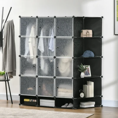 HOMCOM Armário Modular de Plástico Armário Portátil com 16 Cubos e 2 Barras Organizador de Sapatos Roupas Brinquedos para Entrada Corredor Dormitório 145x46x162cm Preto e Branco