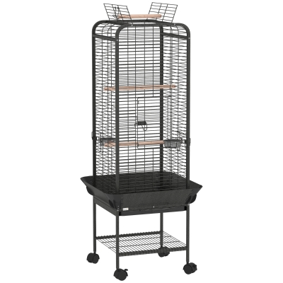 PawHut Gaiola para Pássaros com Rodas Poleiros Comedouros Prateleira e Bandeja Amovível 62,5x62,5x146 cm Cinza Escuro