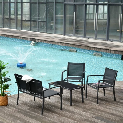 Outsunny Salon de Jardin 4 Pièces Métal Noir avec Table, Chaises, Banc