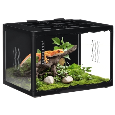 PawHut Terrarium en verre - vivarium reptiles & batraciens - habitat tortue - couvercle grillagé 2 parties amovibles - distributeur eau, thermomètre, pincette, 2 douilles inclus - ABS acrylique noir