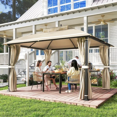 Outsunny Pérgola de Jardim 370x303x290 cm com Telhado Duplo Cortinas Laterais e Mosquiteiras Resistente à Água e Anti-UV Bege