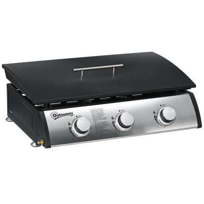 Outsunny Gasgrill mit Deckel, 3 Brennern, Fettauffangschale, antihaft-Platte, 63x47x25 cm, Schwarz/Silber