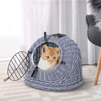 PawHut Transporttasche für Katze Hund aus Weide geflochten Korbhöhle mit Kissen Gitter für Transport Katzen Hunden Grau Metall 50 x 40 x 40 cm