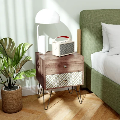 HOMCOM Mesa de Cabeceira com 2 Gavetas Pés de Aço Estilo Boémio Mesa de Cabeceira para Quarto Sala de Estar 45x39x55,5 cm Marrom