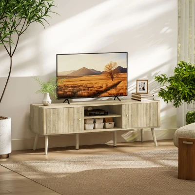 HOMCOM Meuble TV 65" Chêne avec Portes et Étagère Réglable