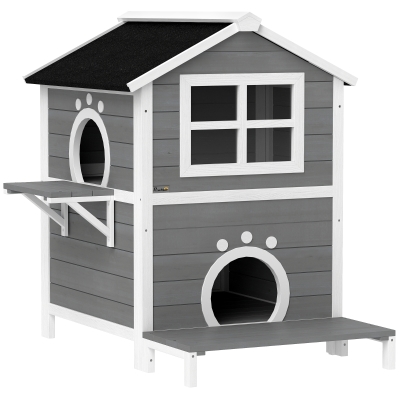 PawHut Outdoor-Katzenhaus mit wetterfestem Dach, Fenster, Balkon, herausnehmbarem Boden, 2 Ebenen, für 1-2 Katzen, Grau