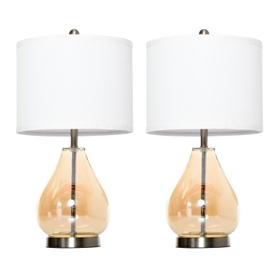 HOMCOM Tischlampe 2er-Set Tischleuchte mit Leinen-Lampenschirm, Glas tropfenförmigen Stangen, Nachttischlampe mit E27-Fassung, für Schlafzimmer, Wohnzimmer, Weiß