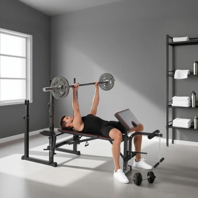SPORTNOW Banco de Musculação Dobrável Banco Multifunções com Suportes para Barras e Encosto Ajustável para Treino Completo de Corpo Preto