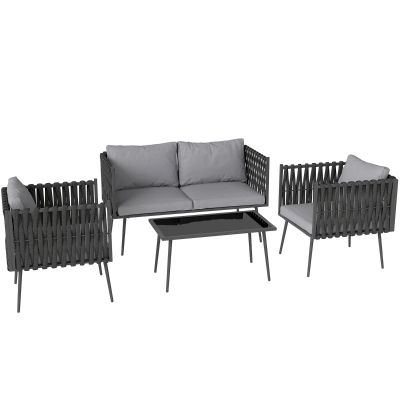 Outsunny Gartenmöbel Set 4 Personen wetterfest Balkonmöbel-Set mit 2er Sofa, Sessel Glastisch Sitzkissen Hellgrau