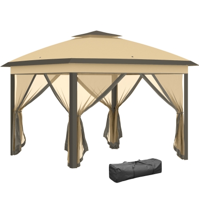Outsunny Pérgola Dobrável Exterior com Altura Ajustável Teto Duplo  4 Mosquiteiras Removíveis e Bolsa de Transporte 3,3x3,3 m Bege