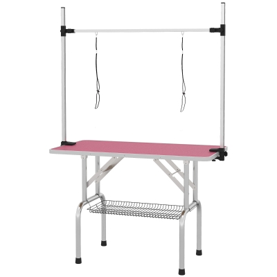 PawHut Mesa de Peluquería Canina Plegable con Cesta Metálica Barra de Acero Inoxidable Ajustable 107x60x164 cm Rosa
