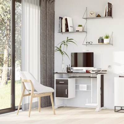 HOMCOM Computertisch mit 1 Schublade, 1 Schrank, 1 Tastaturablage, Schreibtisch. Bürotisch, MDF Schwarznuss+Silber