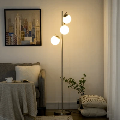 HOMCOM Stehlampe mit 3 Lampenschirmen aus Glas, E 27, Fußschalter, Silber + Weiß