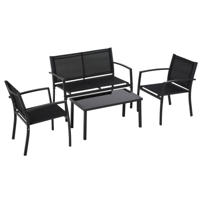 Outsunny Salon de Jardin 4 Pièces Métal Noir avec Table, Chaises, Banc