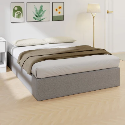 HOMCOM Lit Coffre 140x190cm Rembourré Bois Rangement Gris