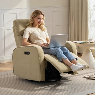 HOMCOM Poltrona Relax Reclinável Elétrica com Duplo Motor Giratória e Baloiço com Encosto de Cabeça Ajustável Portos USB e USB-C Bege
