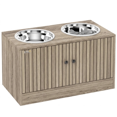PawHut Hundefutterstation mit 2 Edelstahl-Näpfen, Schrank für Utensilien, für große Hunde, Zubehör, Braun