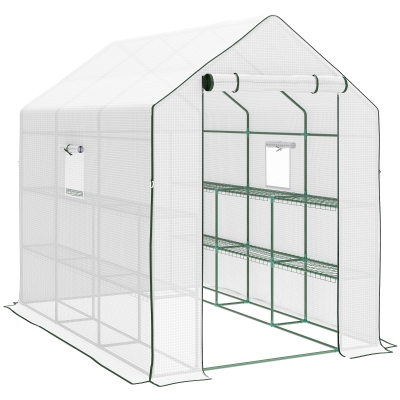 Outsunny Estufa de Jardim de 3 Níveis com 12 Prateleiras Porta Enrolável Janelas Anti-UV Cobertura de PE  140x213x190 cm Branco