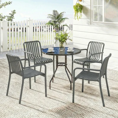 Outsunny Gartenstühle 4er Set Stapelbare Terrassenstühle mit Lamelldesign Armlehnen, Ergonomisch Dunkelgrau