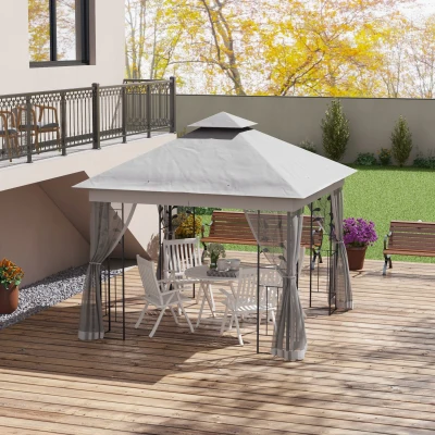 Outsunny Pavillon mit Doppeldach, 3x3 m Wasserabweisend Stabil Winterfest Gartenpavillon mit Moskitonetz Hellgrau