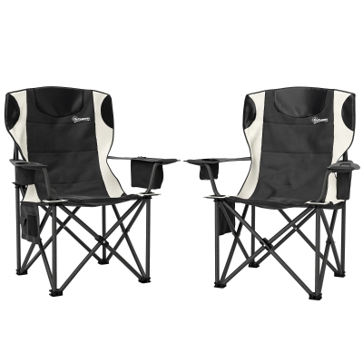 Outsunny 2er Set Faltstuhl faltbar Campingstuhl mit Armlehnen Getränkehalter Kopfstütze Kühltasche Schwarz