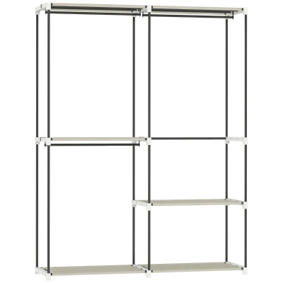 HOMCOM Armário de Roupa Aberto 142x43x185 cm Armário para Roupas com 4 Prateleiras de Tecido 3 Barras para Pendurar Creme