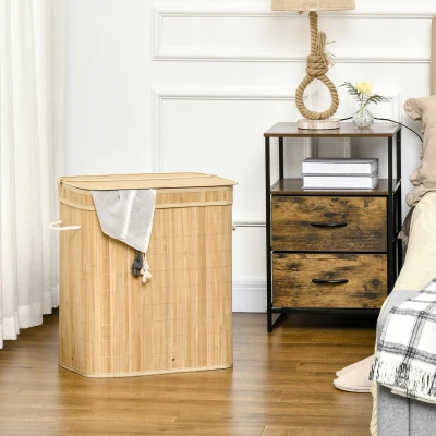 HOMCOM Cesto de Roupa Suja 90L em Bambu com 2 Compartimentos Alças e Bolsa Interna Removível 54,2x35,2x59,5 cm Madeira