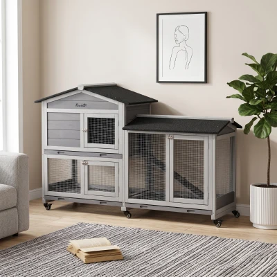 PawHut Clapier Lapins Bois 2 Étages Roulettes Gris