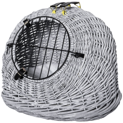 PawHut Transporttasche für Katze Hund aus Weide geflochten Korbhöhle mit Kissen Gitter für Transport Katzen Hunden Grau Metall 50 x 40 x 40 cm