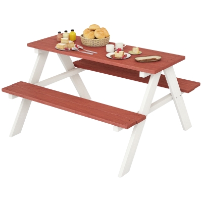 Outsunny Conjunto de Mesa e 2 Bancos Infantil de Madeira Mesa de Piquenique para Crianças de 3-8 Anos 89x79x50 cm Marrom e Branco