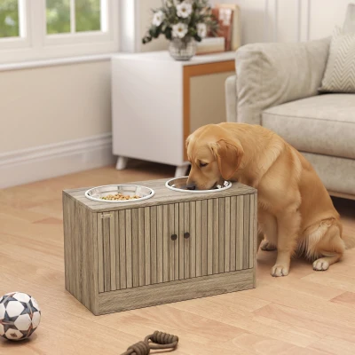 PawHut Hundefutterstation mit 2 Edelstahl-Näpfen, Schrank für Utensilien, für große Hunde, Zubehör, Braun
